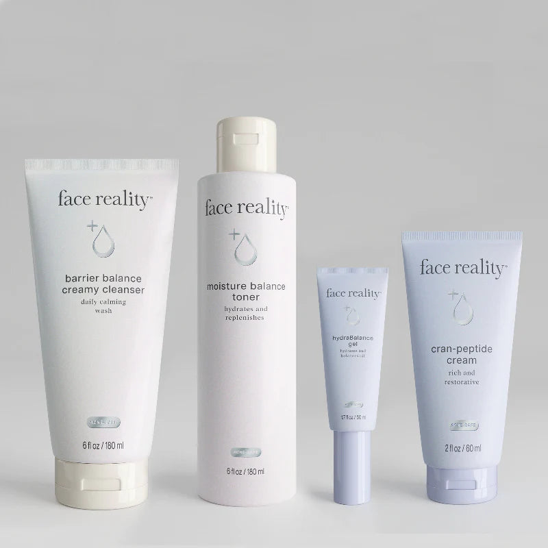 Face Reality Acne-Safe Kit for Dry and Sensitive Skin with Barrier Balance Creamy Cleanser, Moisture Balance Toner, HydraBalance Gel, and Cran-Peptide Cream to soothe dryness, restore hydration, and maintain a healthy skin barrier without clogging pores at The Skyn Distillery Wayzata MN