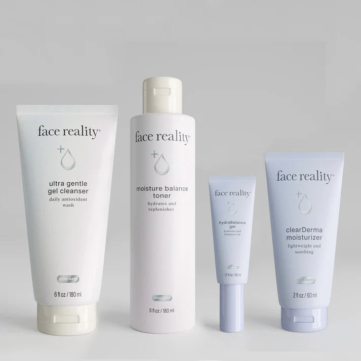 Face Reality Acne-Safe Kit for normal Skin featuring Ultra Gentle Cleanser, Calming Facial Toner, HydraBalance Gel, and Clearderma Moisturizer to gently cleanse, balance oil, hydrate, and support acne-prone skin at The Skyn Distillery Wayzata Minnesota.
