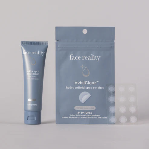 Face Reality Breakout Response Duo featuring Sulfur Spot Treatment and InvisiClear Hydrocolloid Patches to calm active breakouts, reduce inflammation, and speed the healing of blemishes at The Skyn Distillery Wayzata Minnesota.