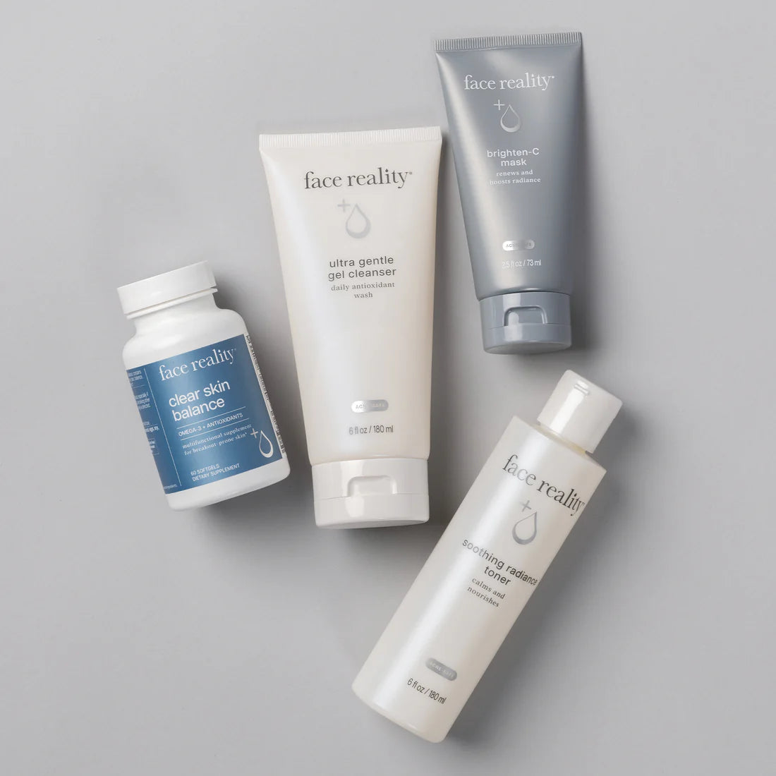 Face Reality Bright Skin Kit combines Clear Skin Balance supplements, Soothing Radiance Toner, and Brighten-C Mask to nourish skin from the inside out while enhancing radiance and promoting a more even complexion at The Skyn Distillery Wayzata Minnesota.