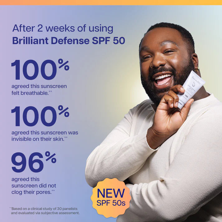 Face Reality Brilliant Defense SPF 50 antioxidant-rich chemical sunscreen that protects skin from UVA, UVB, blue light, and environmental stressors while promoting a brighter, more even complexion at The Skyn Distillery Wayzata Minnesota.