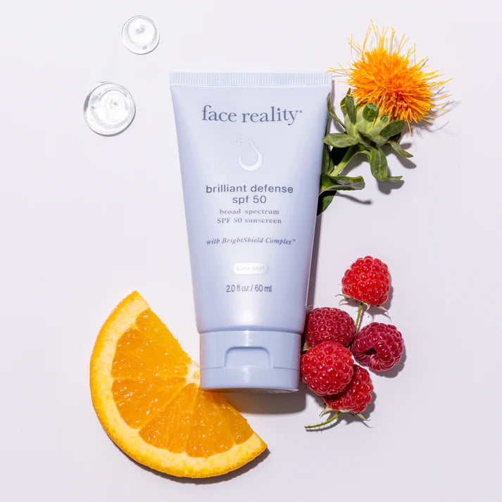 Face Reality Brilliant Defense SPF 50 esthetician-recommended chemical sunscreen for daily wear to brighten skin, defend against sun damage, and support an even skin tone for acne-prone skin at The Skyn Distillery Wayzata MN