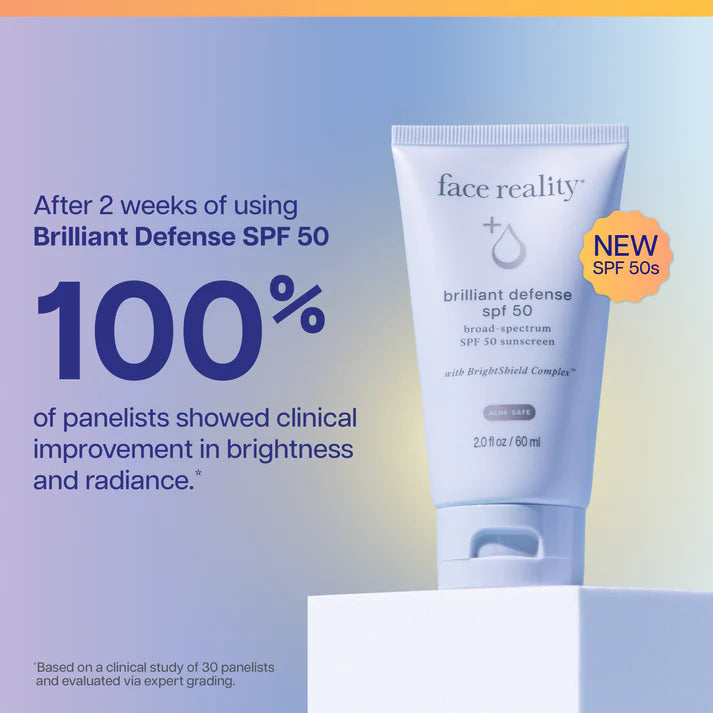 Face Reality Brilliant Defense SPF 50 chemical sunscreen formulated to help protect against UV-induced hyperpigmentation while brightening skin and preventing post-acne marks at The Skyn Distillery Wayzata MN