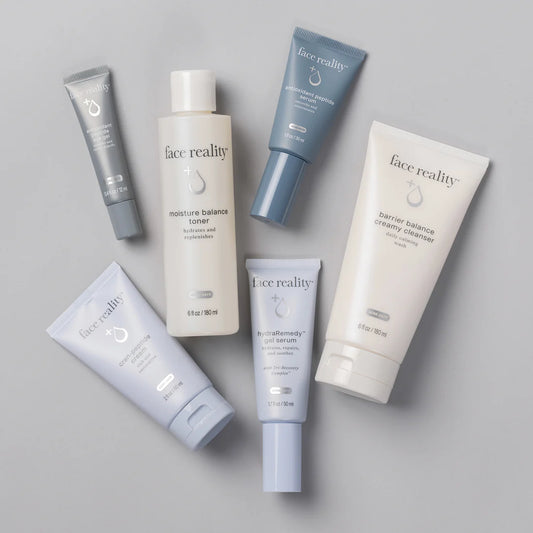 Face Reality Deluxe Age Defense Kit with Barrier Balance Creamy Cleanser, Moisture Balance Toner, Antioxidant Peptide Eye Gel, Antioxidant Peptide Serum, HydraRemedy Serum, and Cran-Peptide Cream to restore the skin barrier, deeply hydrate, and promote healthier, more radiant skin at The Skyn Distillery Wayzata MN.