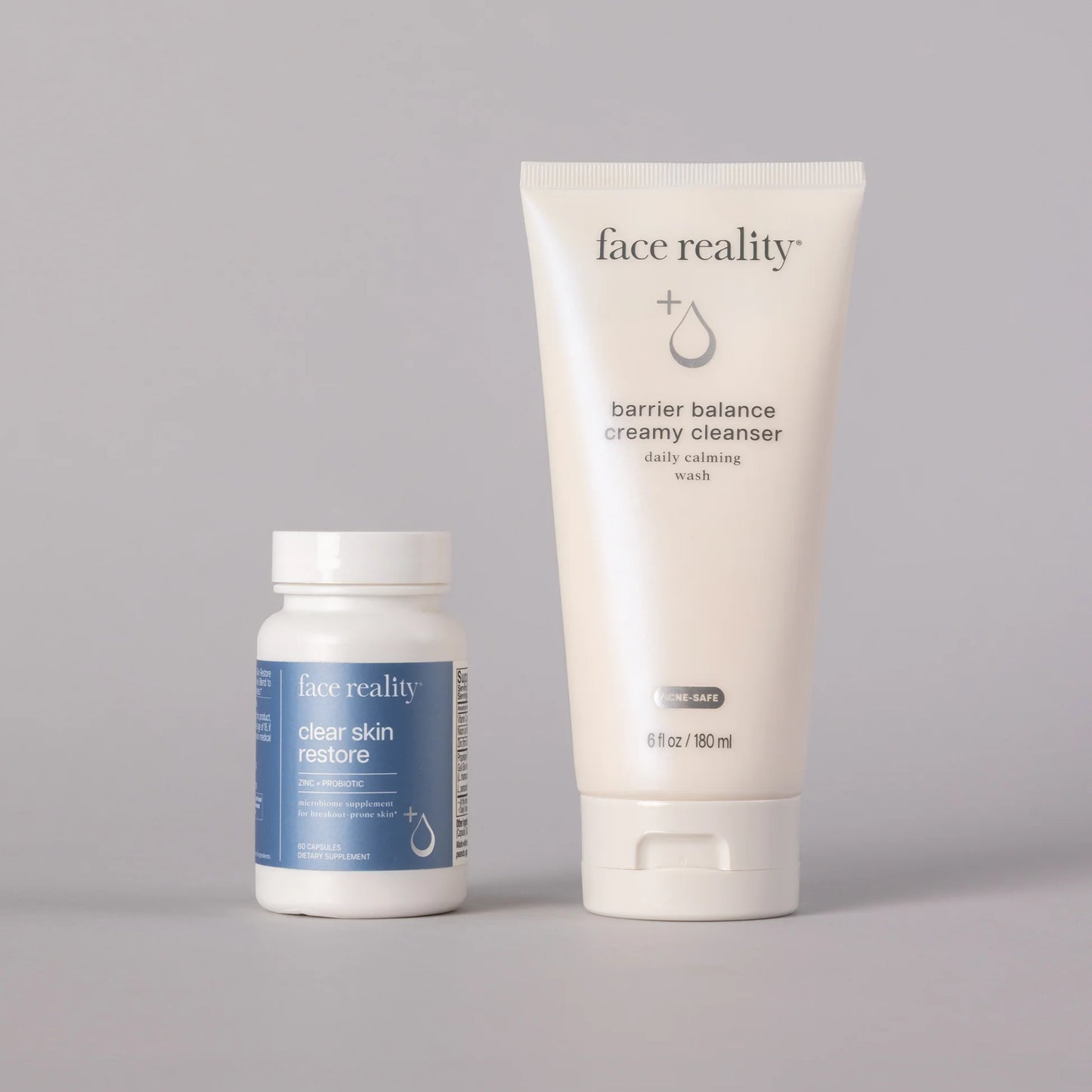 Face Reality Microbiome-Friendly Duo featuring Barrier Balance Creamy Cleanser and Clear Skin Restore supplement to support a healthy skin barrier, nourish the skin microbiome, and promote clearer, healthier-looking skin at The Skyn Distillery Wayzata Minnesota.