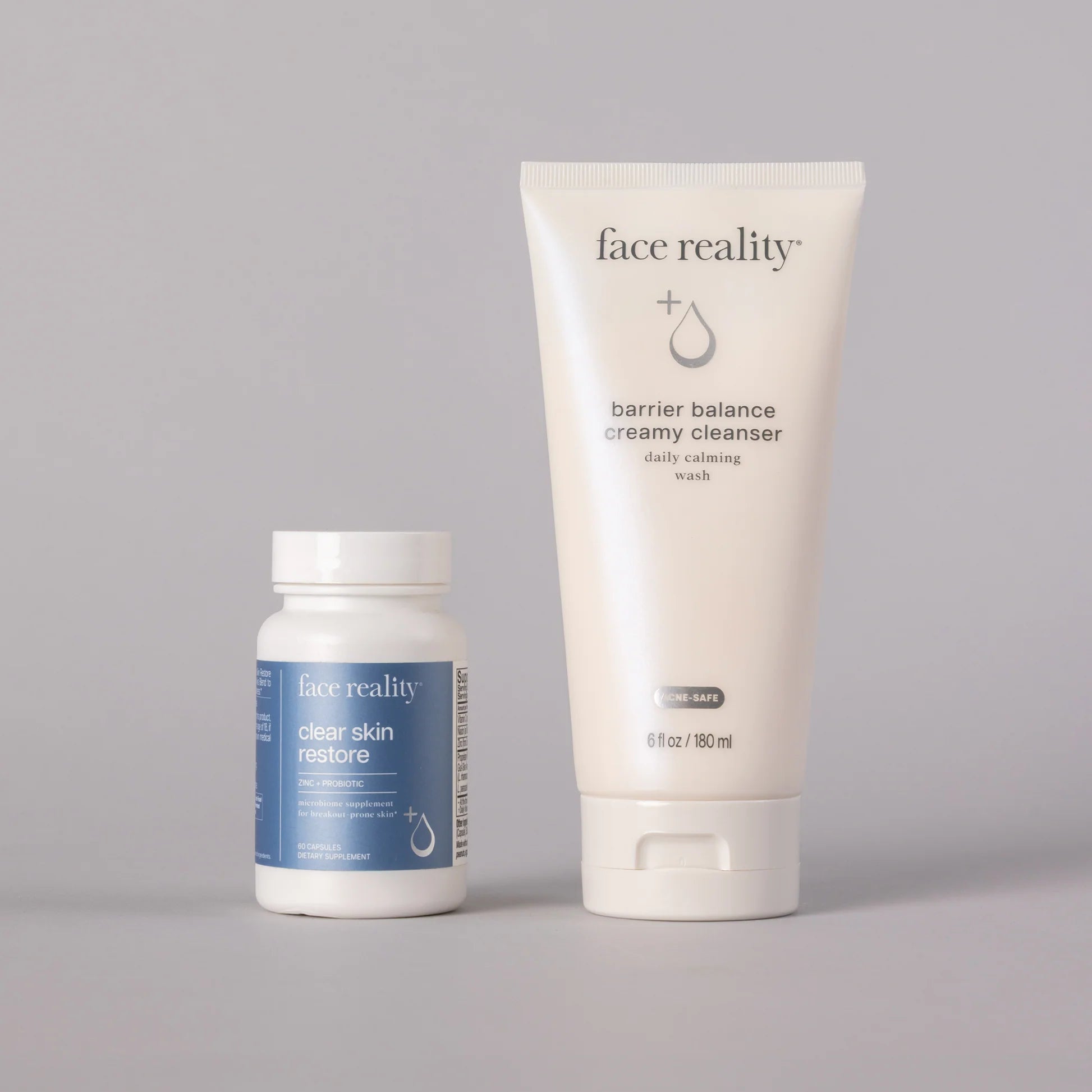 Face Reality Microbiome-Friendly Duo featuring Barrier Balance Creamy Cleanser and Clear Skin Restore supplement to support a healthy skin barrier, nourish the skin microbiome, and promote clearer, healthier-looking skin at The Skyn Distillery Wayzata Minnesota.
