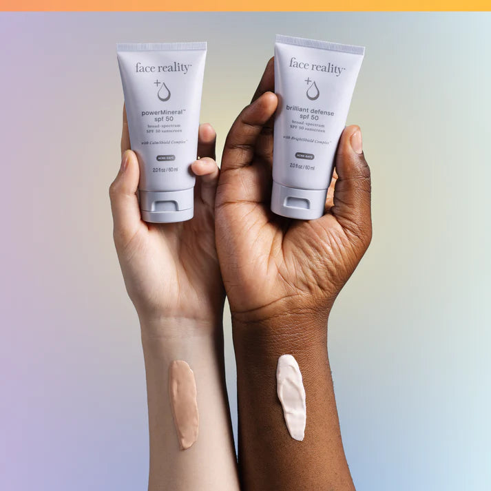 Face Reality Power Mineral SPF 50 lightweight daily facial sunscreen with broad-spectrum protection for all skin types, including acne-prone skin, at The Skyn Distillery Wayzata Minnesota