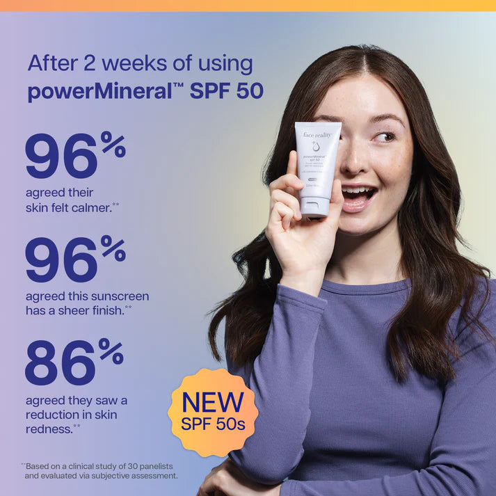 Face Reality Power Mineral SPF 50 esthetician-recommended mineral sunscreen to protect against UVA and UVB rays while supporting acne-prone and compromised skin at The Skyn Distillery Wayzata MN