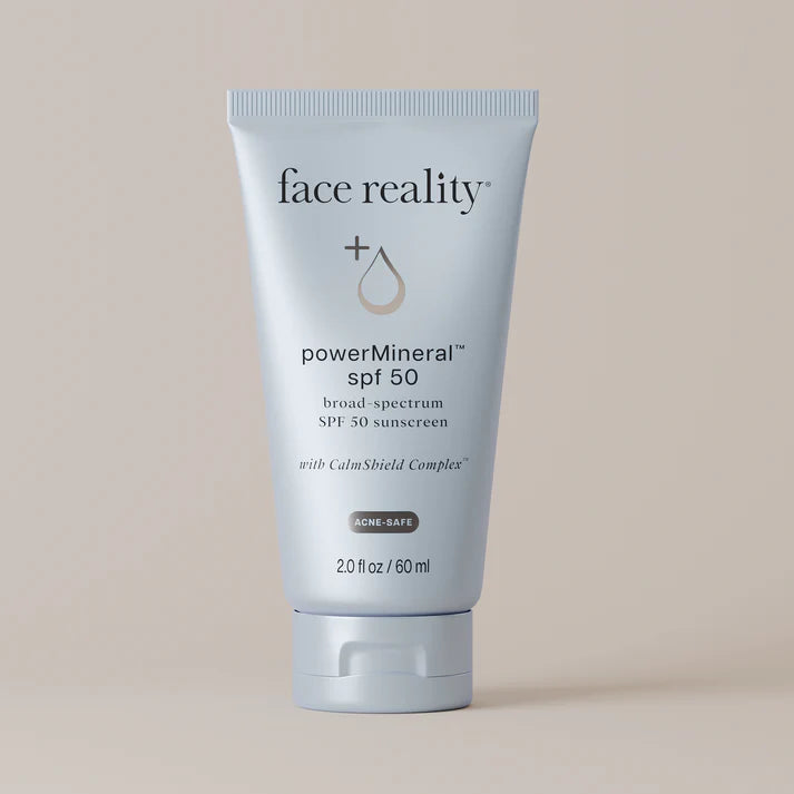 Face Reality Power Mineral SPF 50 mineral sunscreen for acne-prone and sensitive skin with broad-spectrum UV protection and a lightweight finish at The Skyn Distillery Wayzata Minnesota
