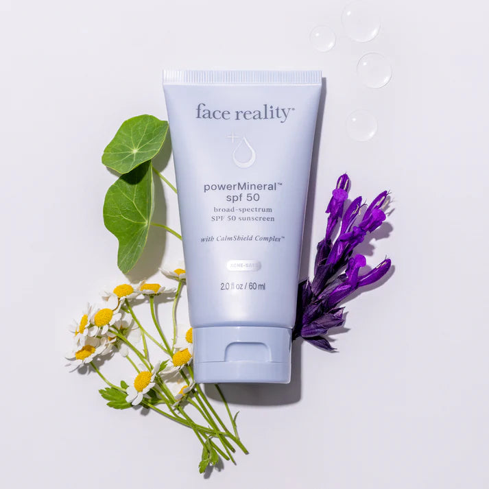 Face Reality Power Mineral SPF 50 zinc oxide sunscreen to protect sensitive skin while helping maintain a healthy skin barrier at The Skyn Distillery Wayzata MN