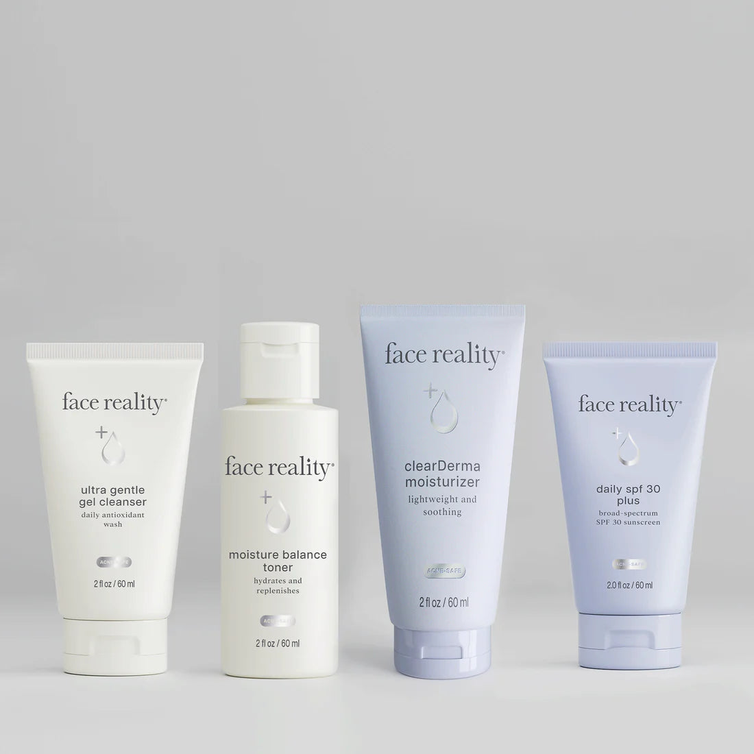 Face Reality Travel Kit for Normal and Combination Skin featuring Travel Size Ultra Gentle Cleanser, Travel Moisture Balance Toner, Clearderma Moisturizer, and Daily SPF 30 Plus to cleanse, hydrate, moisturize, and protect skin while traveling at The Skyn Distillery Wayzata Minnesota.