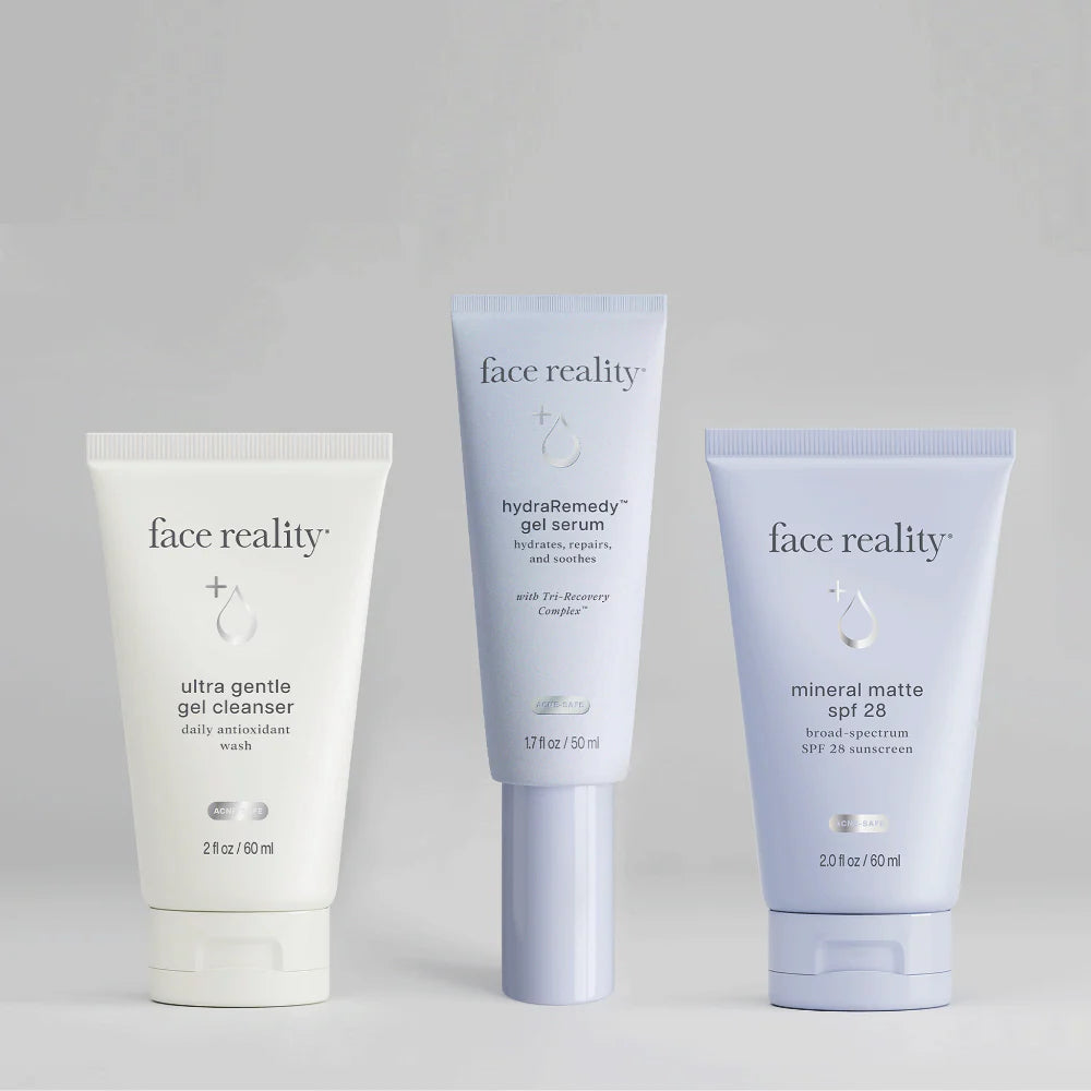 Face Reality Travel Kit for Oily Skin featuring travel-size Ultra Gentle Cleanser and HydraRemedy Gel Serum to cleanse, hydrate, and balance oily skin while traveling at The Skyn Distillery Wayzata Minnesota.