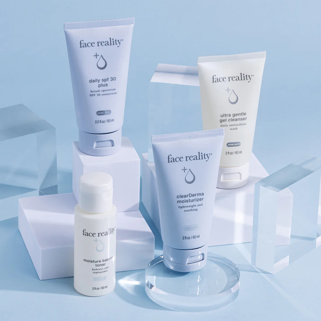 Face Reality Travel Kit for Normal and Combination Skin includes Travel Size Ultra Gentle Cleanser, Travel Moisture Balance Toner, Clearderma Moisturizer, and Daily SPF 30 Plus for a TSA-friendly skincare routine that keeps skin balanced, hydrated, and protected at The Skyn Distillery Wayzata MN.