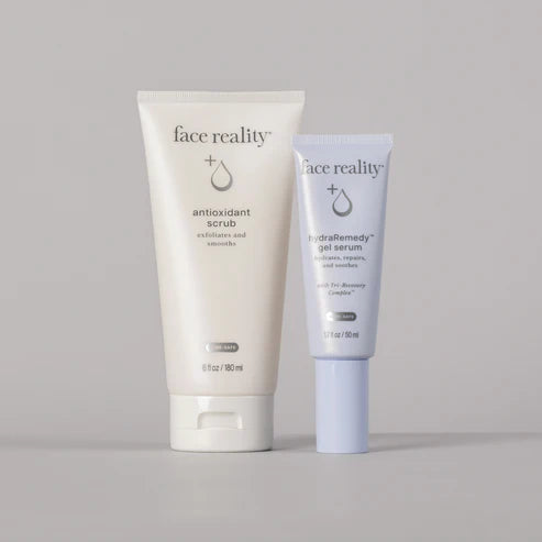 Face Reality Men's Favorite Duo is a simple two-step skincare routine featuring Antioxidant Scrub and HydraRemedy Serum to cleanse, smooth, and hydrate men's skin at The Skyn Distillery Wayzata Minnesota.