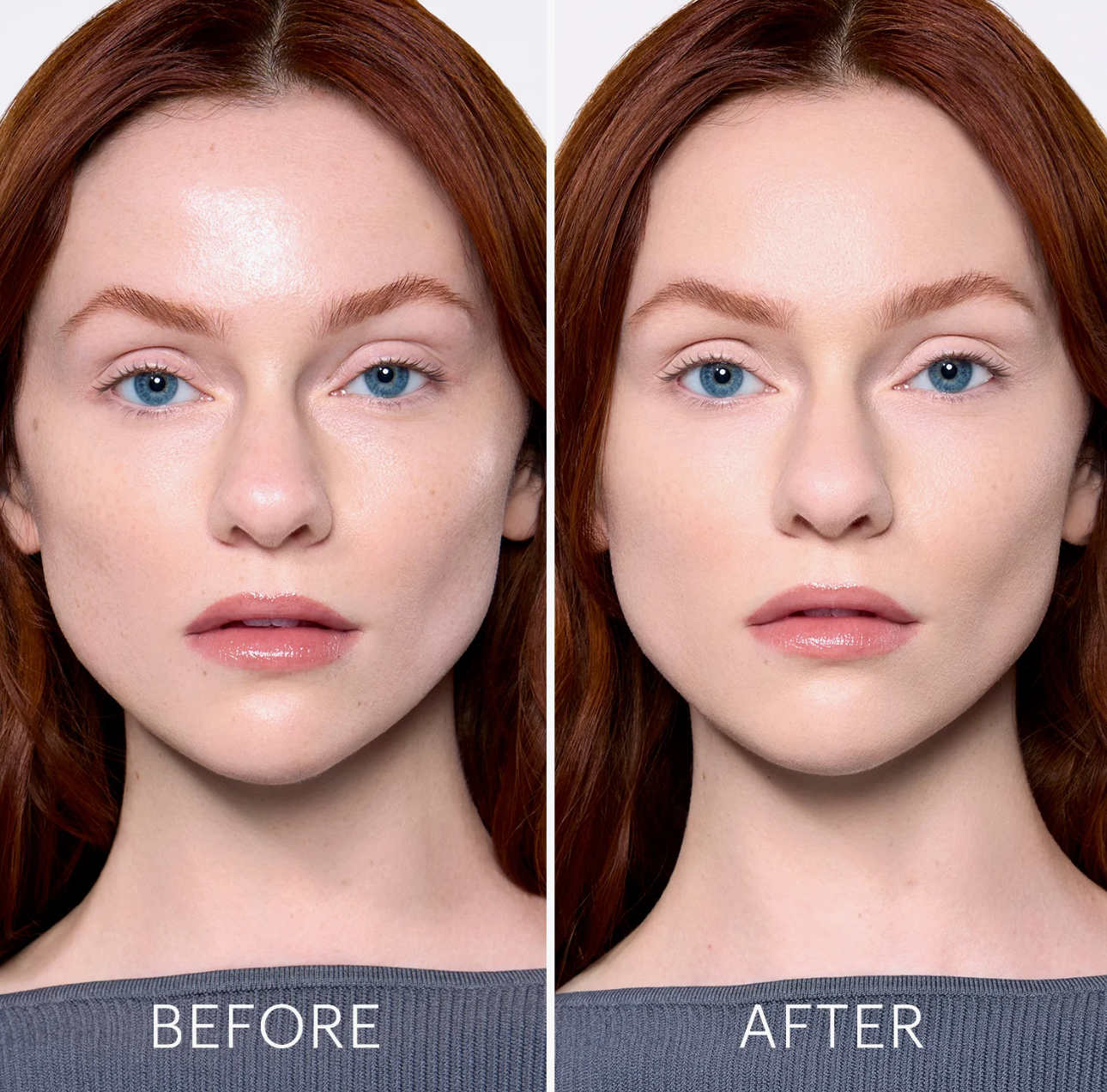 Before and after of model with and without Glo Skin Beauty Modern Matte Foundation showing medium to full coverage, smoother texture, and acne-friendly finish with salicylic acid, niacinamide, and kaolin clay at The Skyn Distillery Wayzata Minnesota